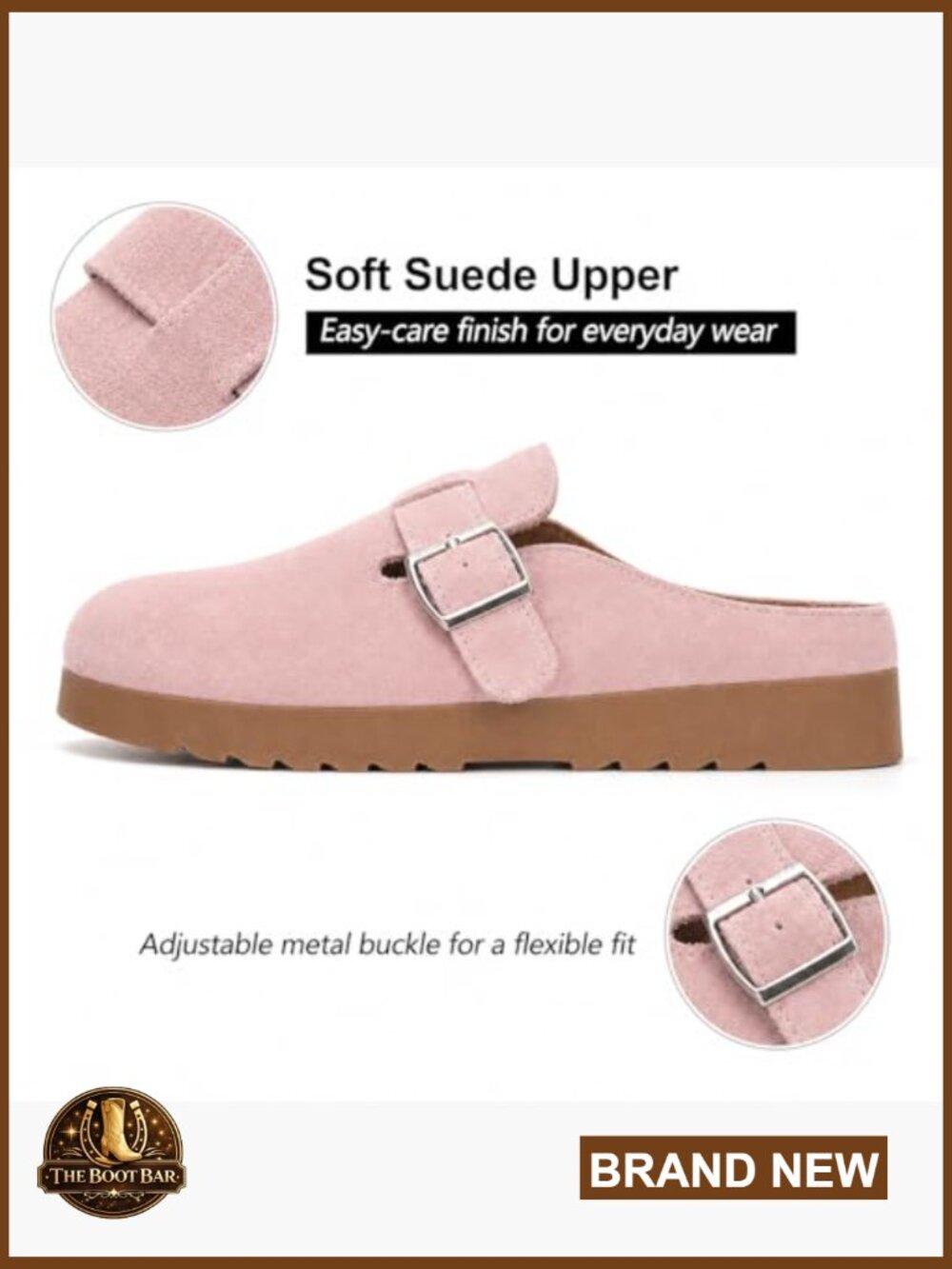 Suede Clogs for Women Soft Cork Footbed Leather Mules with Adjustable Buckle - Picture 4 of 7